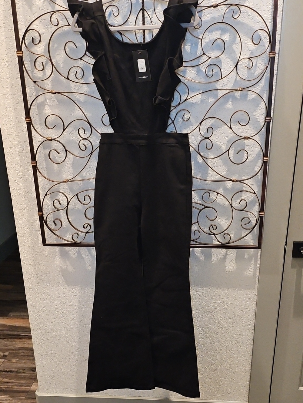 Fashion Nova Black Ruffle-Strap Wide-Leg Jumpsuit